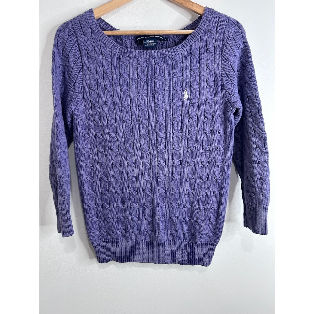 Ralph Lauren Sport Purple Cable Knit Cotton Sweater Womens M Preppy Old Money